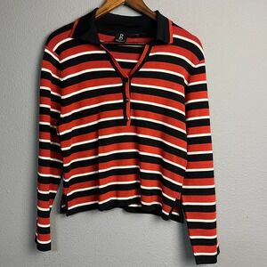 Grace Knitwear XL Striped Knit Top‎ Red Black White Long Sleeve Polo Academia